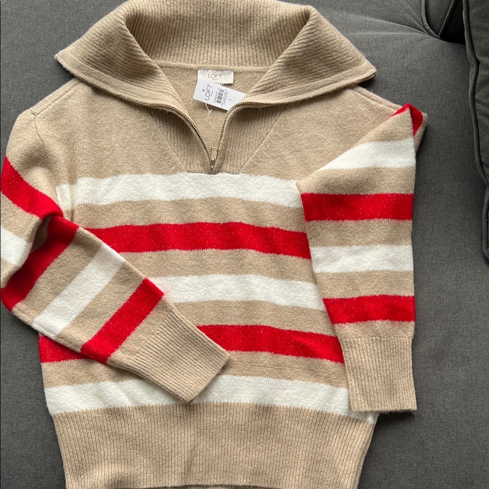 LOFT Beige Knit Sweater with Zip Detail